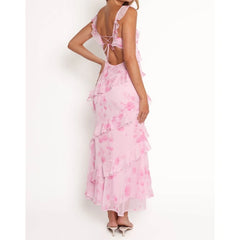 Pink Tiered Ruffle Cami Long Dress