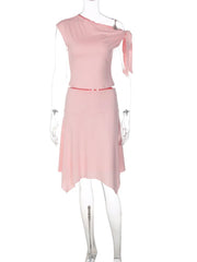 Off-Shoulder Tie Crop Top And Midi Skirt Set