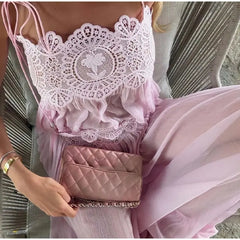 Lace Embroidered Square Neck Sheer Crop Top And Wide Pants Set