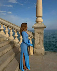 Knitted Long Sleeve Deep V-Neck Ring Detail Maxi Dress
