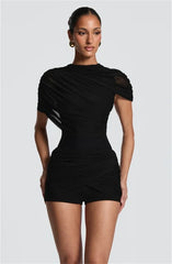 Draped Mesh Cape Sleeve Playsuit