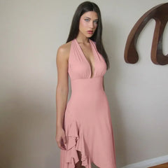 Pink Deep V Neck Halter Frill Hem Mini Dress