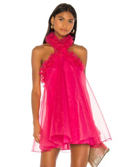 Pink Mesh Ruffles Halter Neck Mini Dress