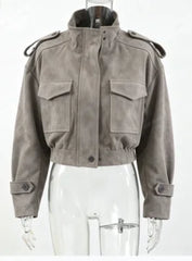 Faux Suede  Stand Collar Zip Up Flap Pockets Cropped Jacket