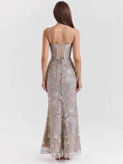 Sequin Embroidered Strap Lace Back Maxi Dress