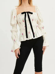 Bow Tie Floral Print Long Sleeve Ruched Blouse