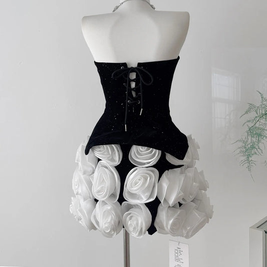 Black Strapless Top And 3D Rose Mini Skirt  Set