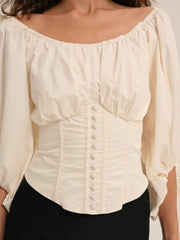 White Quarter Puff Sleeve Back Bow Top