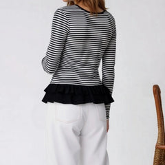Long Sleeve Ruffles Stripe Print Round-Neck Button Down Shirt