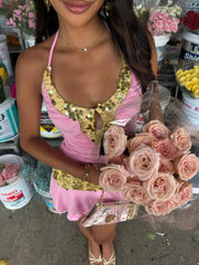 Pink Sequin Halter Tank Top And Tiered Mini Skirt Set
