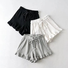 Ribbed Ruffle Trim Drawstring Waffle Shorts