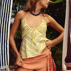 Striped Drawstring Halter Tie Up Top