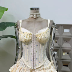 Floral Corset Hook Strappy Top And Frill Mini Skirt Set