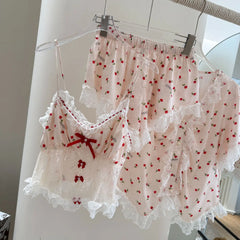 Lace Patchwork Red Ribbon Four Piece Sleepwear Set