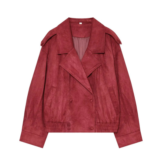 Red Faux Suede Double Breasted Moto Jacket
