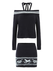 Off-Shoulder Sweater Strap Top And Knit Fuzzyh Mini Skirt