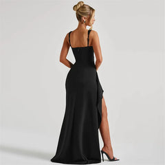 Square Neck Strap Thigh High Split Draped Long Dress