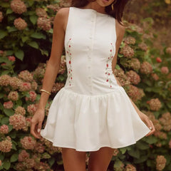 Floral Embroidered Buttoned Mini Dress