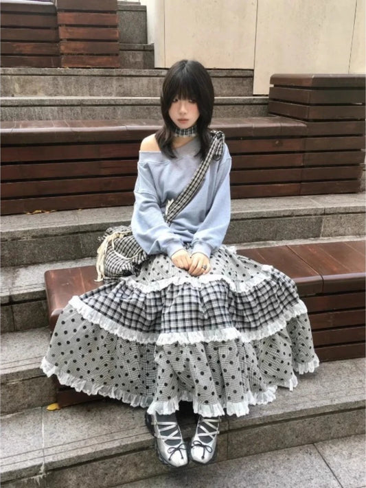 Women's black plaid and polka dot lace patchwork ruffles A-line maxi skirt.


