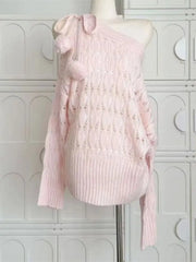 Knitted Off Shoulder Pom Pom Tie Up Sweatshirt