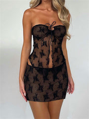 Lace Strapless Tie-Up Top and Mini Skirt Set Free From Label