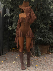 Off-Shoulder Ruffle Long Sleeve Tie Up Bodysuit Frill Mini Dress