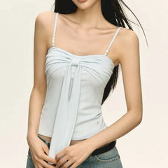 Blue Bow Ribbon Beaded Camisole Top