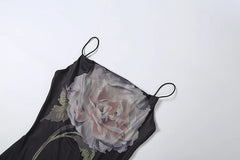 Black Rose Satin Print Spaghetti Strap Tassel Hem Maxi Dress