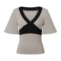 Contrast Colour Cross V-Neck Short Sleeve Crop Top