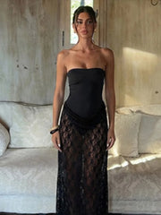 Black Lace Sheer Patchwork Tube Bodysuit Maxi Dress
