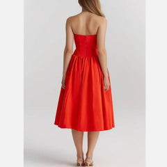 Red Bra Chest With Wire Strapless Low Waist Pleated Midi Dress