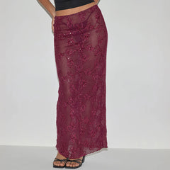 Red Sequin Beaded Mesh Long Skirt