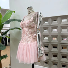 Embroidered Mesh Flower Tie Straps Tulle Mini Dress