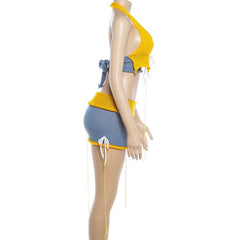 Distressed Blue and Yellow Knit Crop Top And Mini Skirt Set
