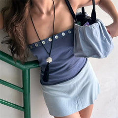 Ribbed Shell Buttons Trim Tube Top