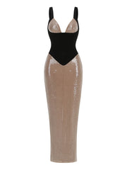 Beige V-Neck Sequin Patchwork Long Dress