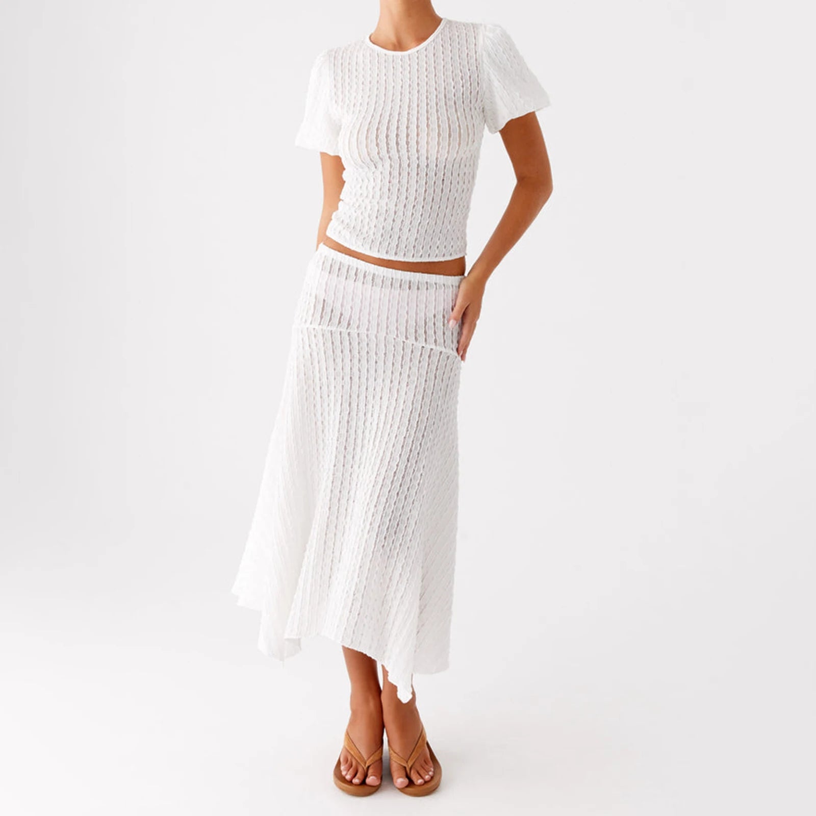 White ribbed knit two-piece set 
