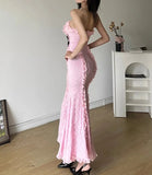 Pink Strapless Rose Lace Bow Maxi Dress