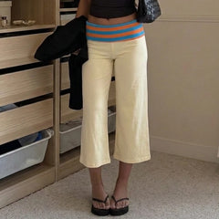 Striped Waist Wide Leg Capri Pants