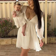 White Deep V-Neck Puff Long Sleeve Mini Dress