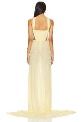 Yellow Patchwork Ruched Slit Wrap Around Sleeve Midi Dress