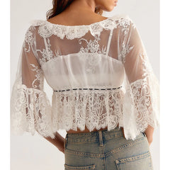 White Lace Bell Sleeves Ruffle Hem Cropped Blouse