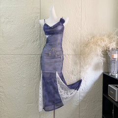 Purple Lace Patchwork Mesh Slip Midi Dress