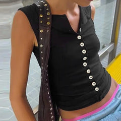 Women's button-up backless tank top in a solid color with a short length.

