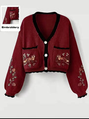 Fox Embroidery Cropped Open Front Cardigan