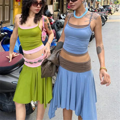 Blue Layered Cami Tank Top And Asymmetrical Hem Midi Skirt Set