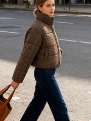 Grey Cabel Knit Padded Stand Collar Coat