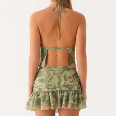 Leaf Print Halter Top and Mini Ruffle Skirt Set
