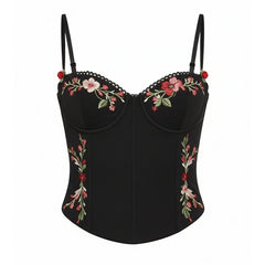 Spaghetti Strap Floral Embroidery Bodycon Top