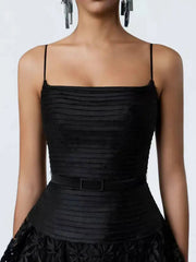 Black Pleated Strappy Lace Mesh Hem Mini Dress